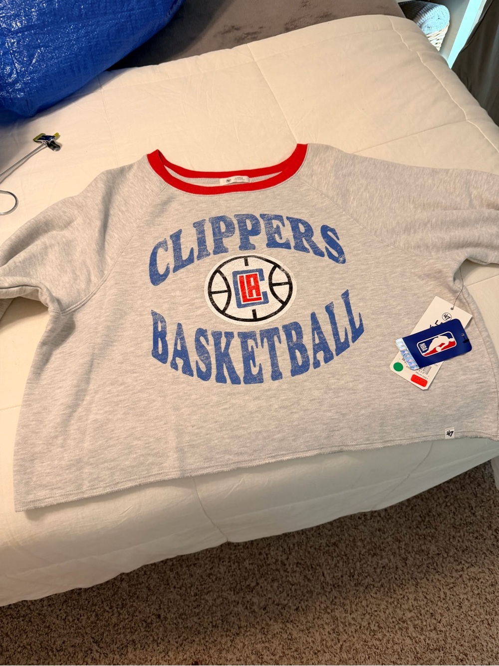 47 Los Angeles Clippers Light Gray Sweatshirt with Red Neck Trim and Blue Logo